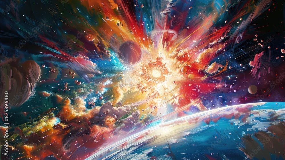 Vivid cosmic explosion with vibrant colors in deep space, showcasing celestial bodies and dynamic energy bursts near a distant planet. Vivid cosmic explosion with vibrant colors in deep space, showcasing celestial bodies and dynamic energy bursts near a distant planet.