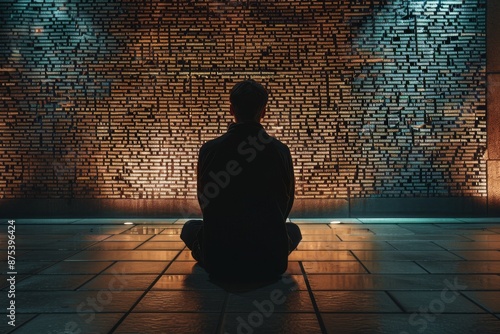 A silhouette sits before a wall of illuminated text, symbolizing immersion in data or information overload.