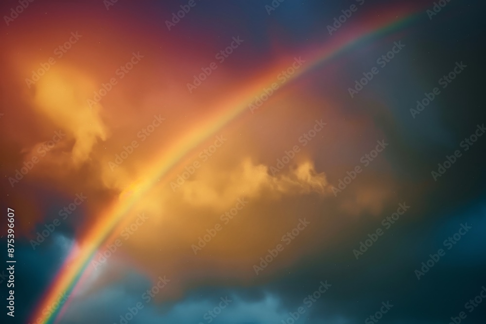 Vibrant rainbow arcs across stormy sky, illuminating golden clouds. Dramatic contrast between warm and cool tones creates ethereal atmosphere. Vibrant rainbow arcs across stormy sky, illuminating golden clouds. Dramatic contrast between warm and cool tones creates ethereal atmosphere.