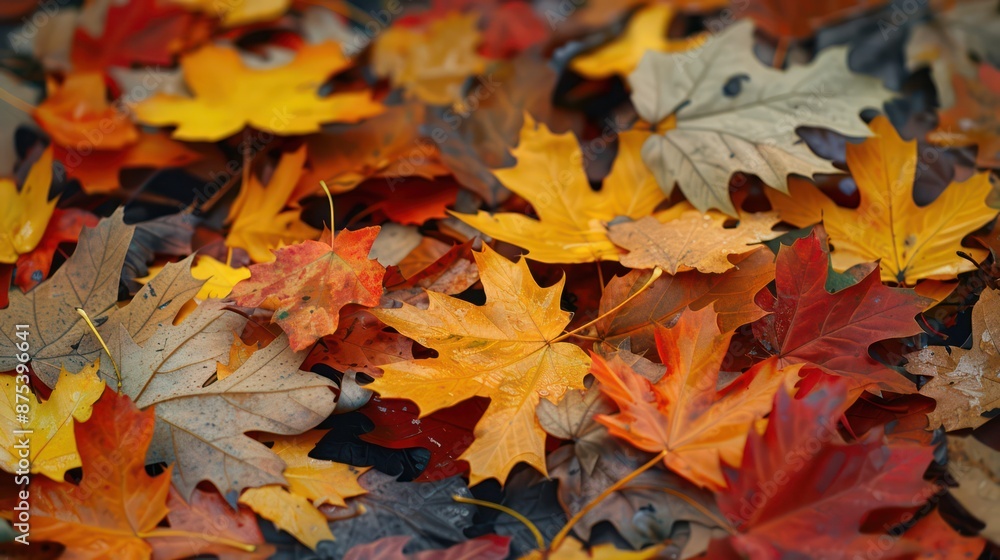 Colorful autumn leaves scattered on the ground in vibrant hues. Colorful autumn leaves scattered on the ground in vibrant hues.