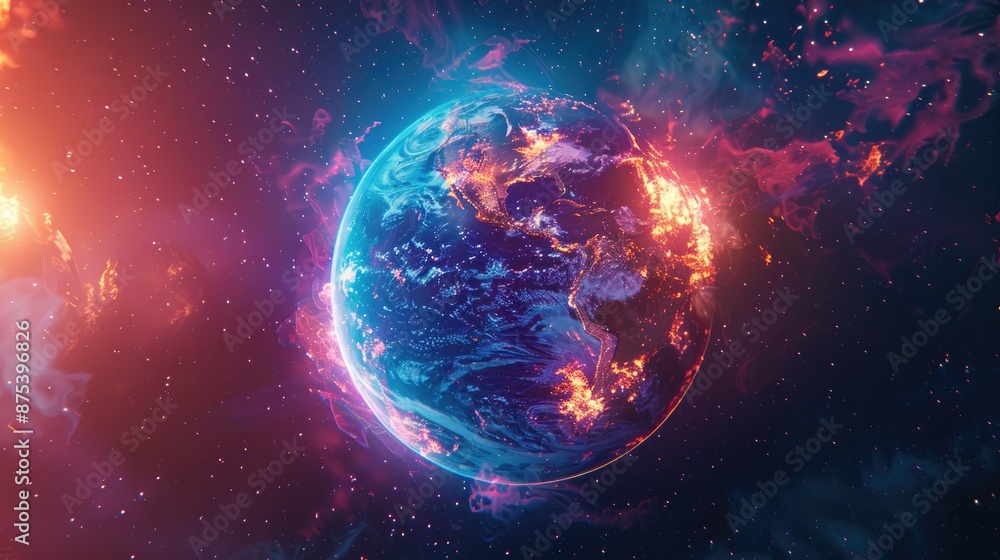 Vivid depiction of Earth in space with colorful cosmic clouds, representing surreal beauty and mystery of our planet in the universe. Vivid depiction of Earth in space with colorful cosmic clouds, representing surreal beauty and mystery of our planet in the universe.