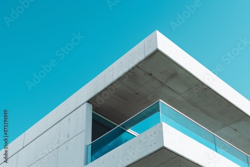 Modern architectural detail: sharp angles of concrete and glass against vibrant blue sky. Minimalist design highlighted by contrast and geometry.