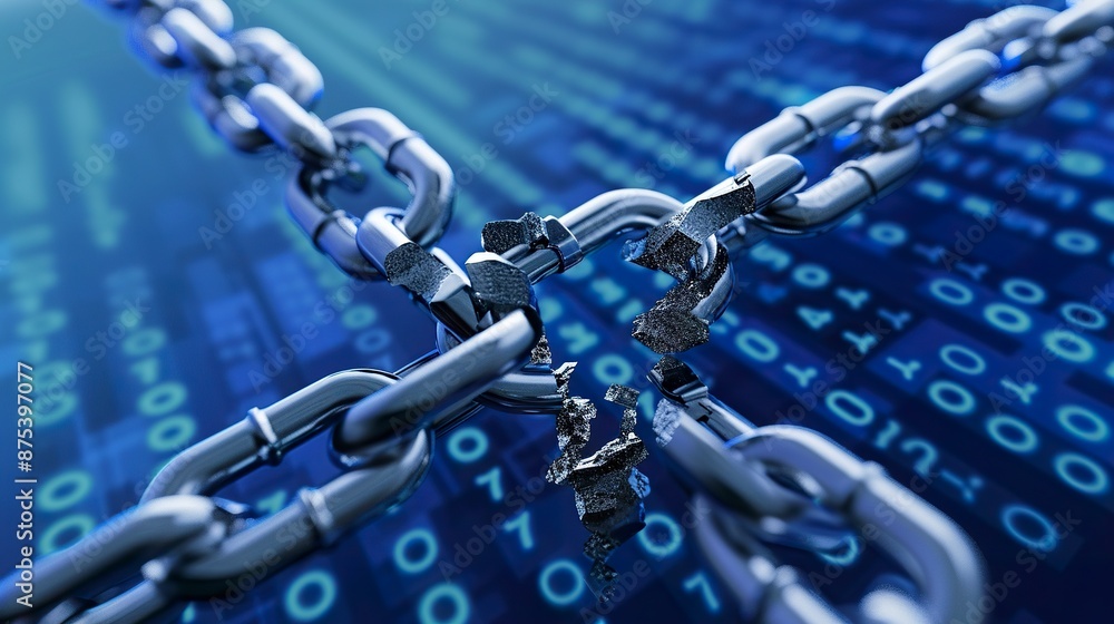 Digital illustration of a chain broken in half in digital security breach concept. Broken chain representing vulnerable data and technology. Digital illustration of a chain broken in half in digital security breach concept. Broken chain representing vulnerable data and technology.