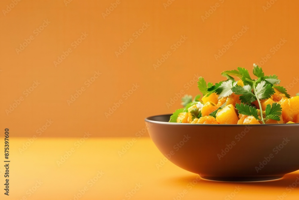Delicious fresh vegetable salad in a modern black bowl against an orange background. Healthy eating and vibrant food photography. Delicious fresh vegetable salad in a modern black bowl against an orange background. Healthy eating and vibrant food photography.