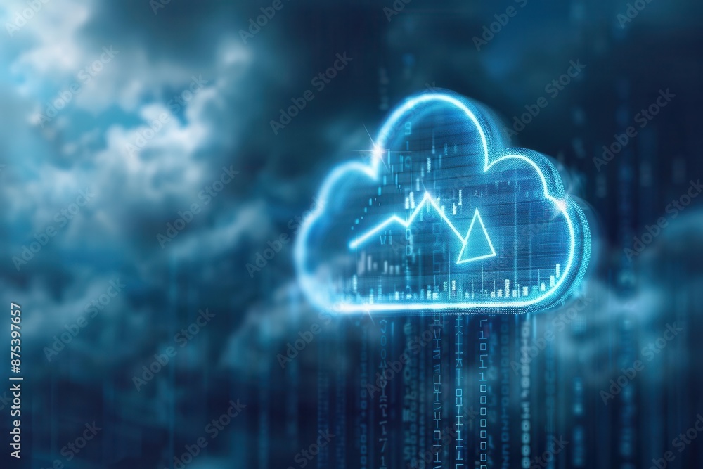 Digital cloud technology concept with futuristic blue neon data visualization and virtual connection in a cloudy sky background. Digital cloud technology concept with futuristic blue neon data visualization and virtual connection in a cloudy sky background.