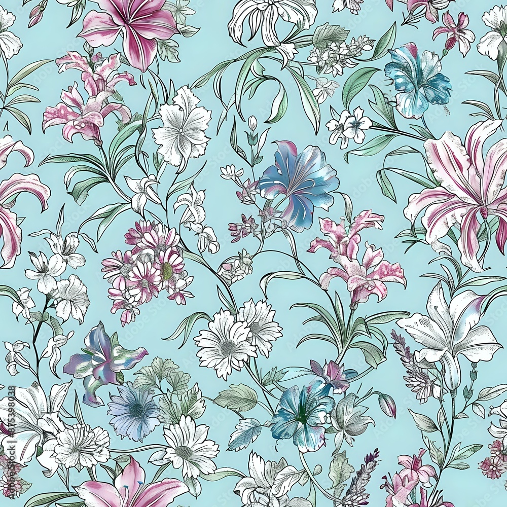 Obraz premium Floral Lily and Carnation Botanical Pattern on Light Blue Background
