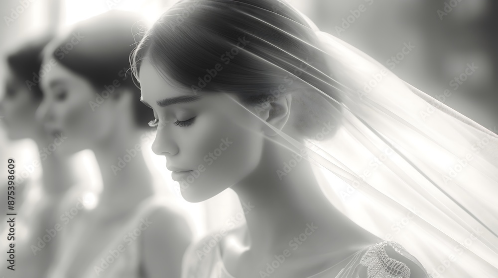 A close-up black and white photo featuring a Caucasian woman, a female model, in a bridal setting. The image captures the bride in her bridal dress and veil, evoking a romantic and elegant atmosphere A close-up black and white photo featuring a Caucasian woman, a female model, in a bridal setting. The image captures the bride in her bridal dress and veil, evoking a romantic and elegant atmosphere