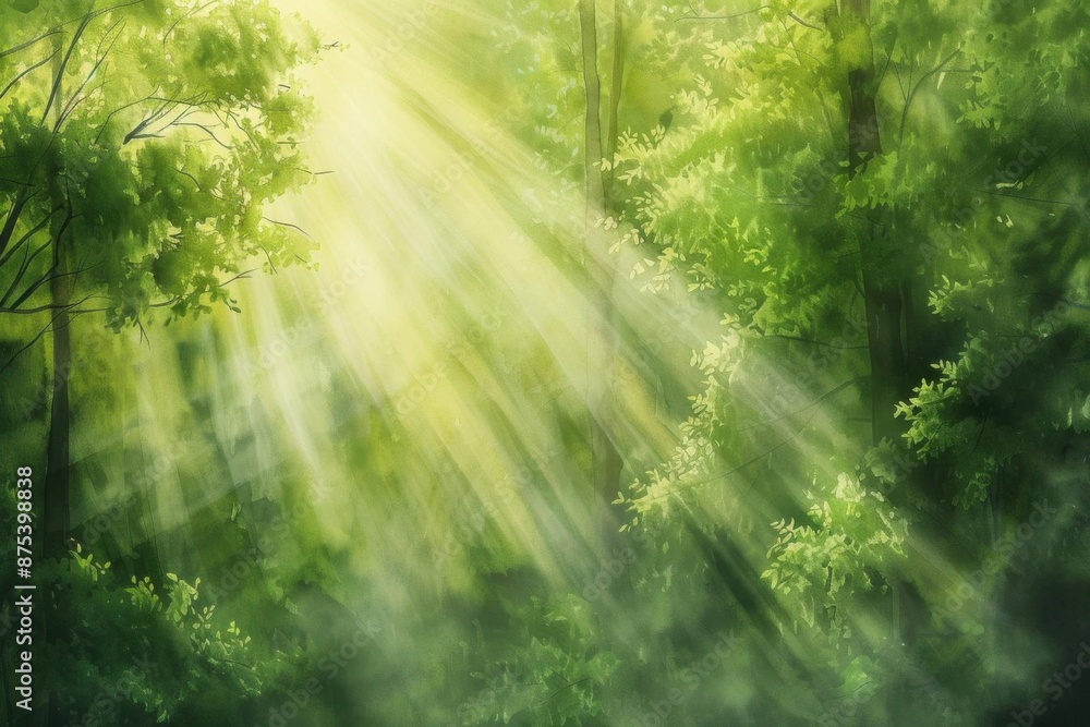 Obraz premium Sunlight filtering through lush green forest, creating a serene and peaceful atmosphere with dappled light and vibrant foliage.