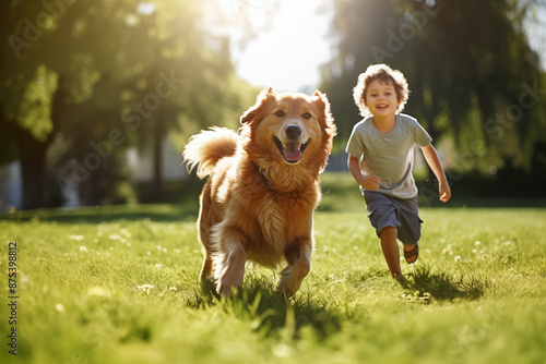 Boy running with a dog in park