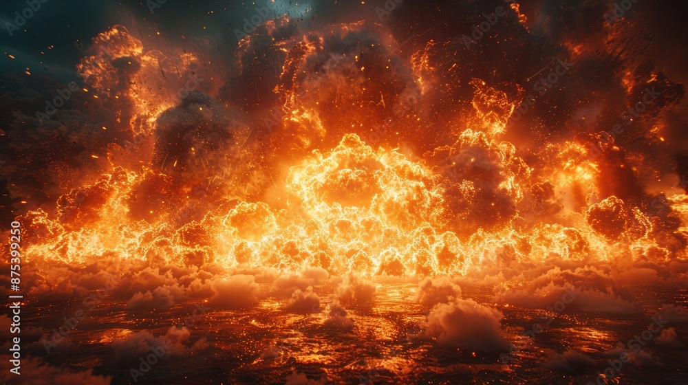 A vibrant explosion of fiery energy lighting up the sky with intense flames and smoke, creating a powerful and dramatic visual spectacle. A vibrant explosion of fiery energy lighting up the sky with intense flames and smoke, creating a powerful and dramatic visual spectacle.