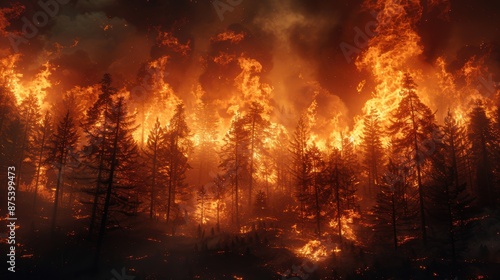 Intense wildfire consuming a forest, with towering flames and smoke filling the sky, highlighting the devastating impact of nature on the environment.