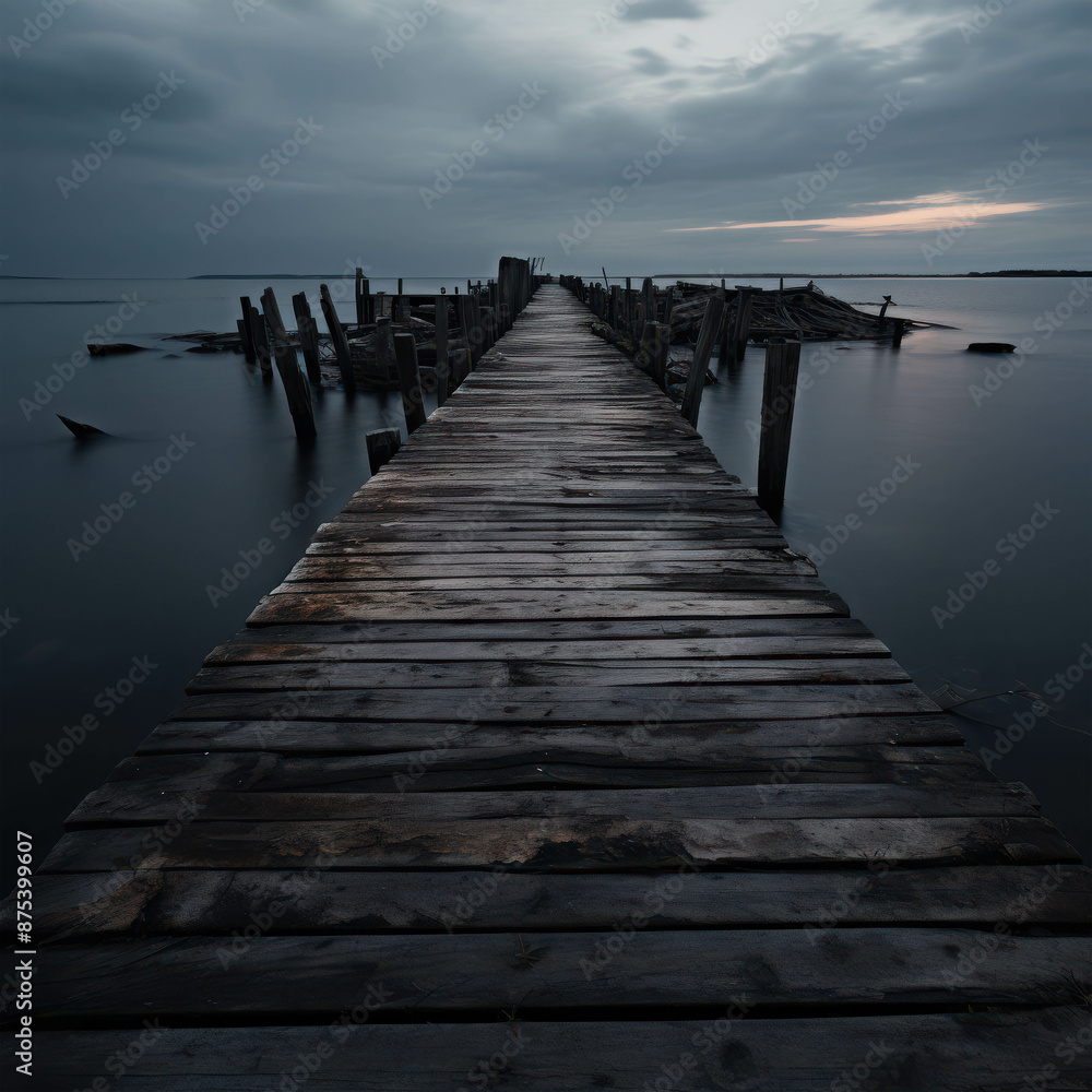 Fototapeta premium Atmospheric and Mysterious Old Wooden Pier Extending into a Foggy Lake Under a Dark and Gloomy Sky