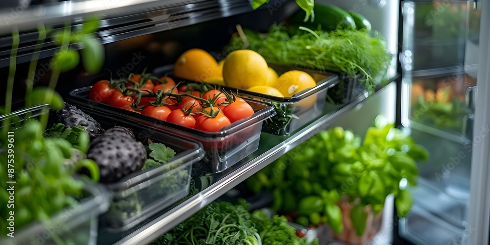 Organized Refrigerator with Assorted Fruits, Veggies, and Herbs in Containers. Concept Refrigerator Organization, Fresh Produce Display, Containerized Ingredients Organized Refrigerator with Assorted Fruits, Veggies, and Herbs in Containers. Concept Refrigerator Organization, Fresh Produce Display, Containerized Ingredients
