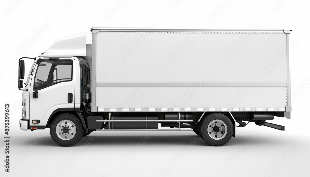 A white delivery truck is shown in profile on a white background, emphasizing its features A white delivery truck is shown in profile on a white background, emphasizing its features