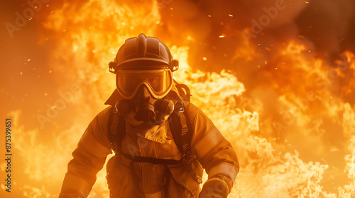 A firefighter in full gear battling a fierce blaze, with flames and smoke filling the background, Heroic, High detail, Intense and courageous scene © Porawit