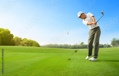 Fotografía Golfer hitting golf ball with iron club.