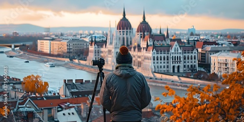 Young filmmaker in Budapest using phone tripod for content creation. Concept Smartphone Filmmaking, Budapest Culture, Content Creation, Mobile Filmmaker, Phone Tripod Usage
