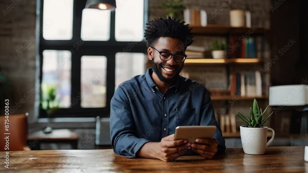 Happy Man Using a Tablet in a Cozy Cafe Happy Man Using a Tablet in a Cozy Cafe