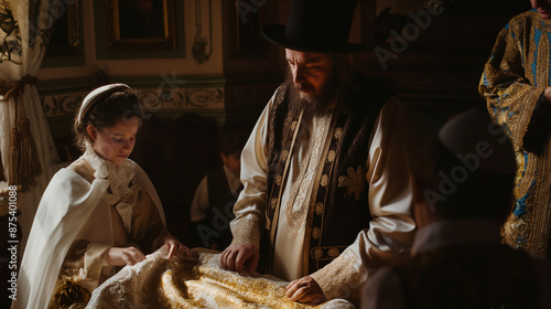 A mohel performing a Brit Milah ceremony with the family gathered around, emphasizing tradition with copy space photo