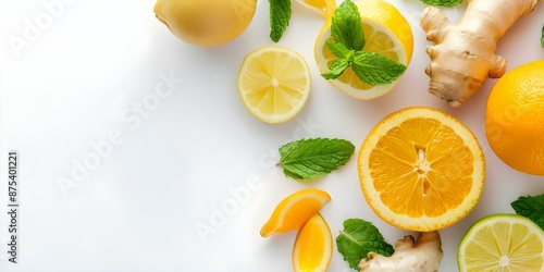 Immunity-Boosting Homemade Drink with Ginger, Citrus, and Mint Leaves on White Background. Concept Food Photography, Immune System, Healthy Lifestyle, Fresh Ingredients, Homemade Remedies photo