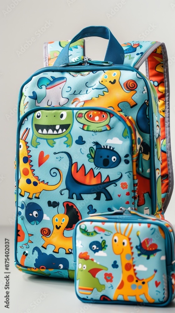 A blue and green backpack with dinosaurs and other creatures on it generated by AI A blue and green backpack with dinosaurs and other creatures on it generated by AI
