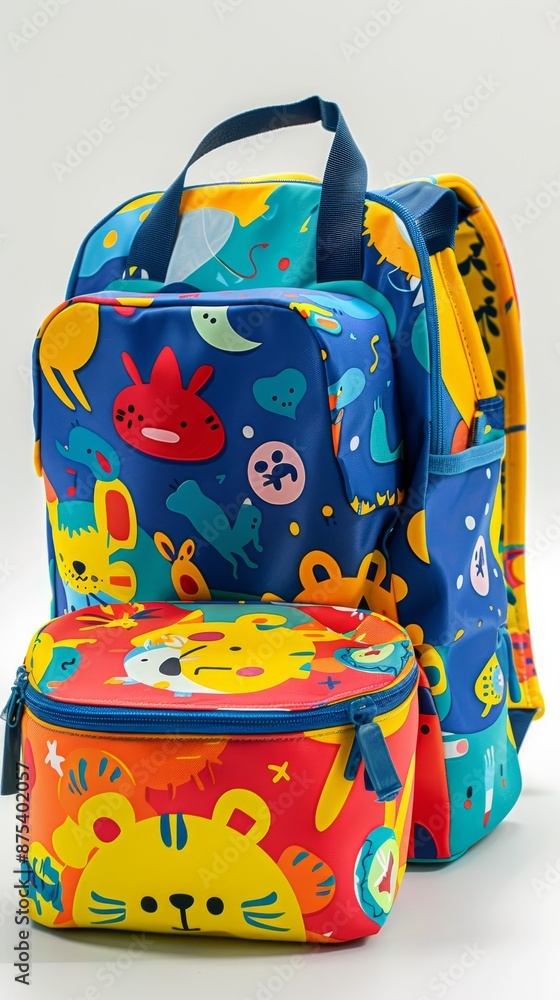 A blue and yellow backpack with a red and yellow lunch bag generated by AI A blue and yellow backpack with a red and yellow lunch bag generated by AI