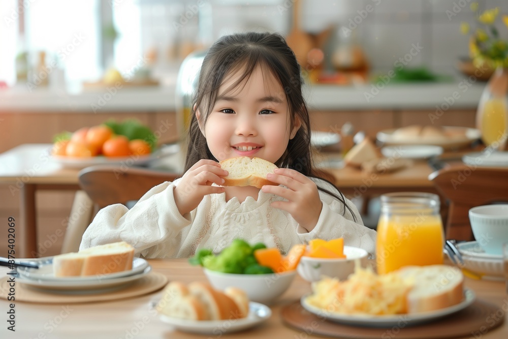 Asian girl eating bread at the dinner table Asian girl eating bread at the dinner table