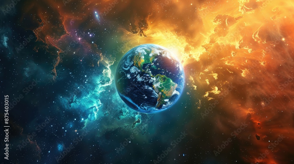 Obraz premium Stunning visual of Earth against a cosmic background with vibrant colors, depicting the beauty and mystery of our planet in space.