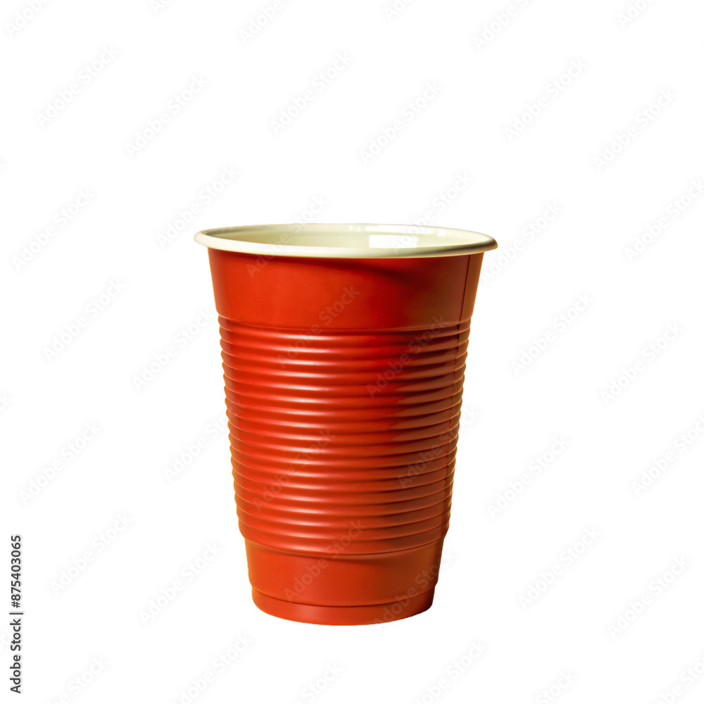 A plastic cup with a textured red exterior and a smooth cream interior on a transparent background A plastic cup with a textured red exterior and a smooth cream interior on a transparent background