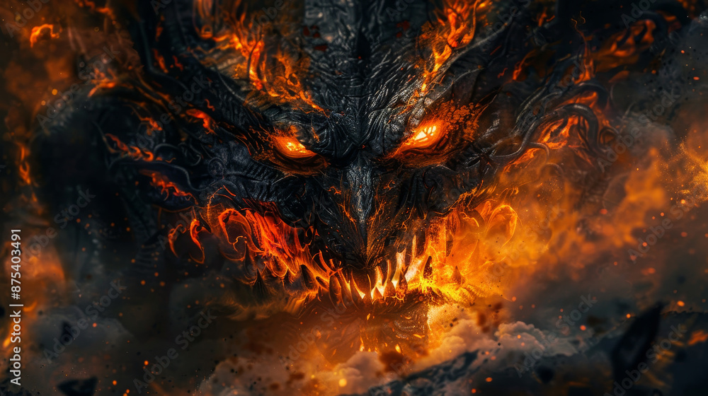 A fiery dragon with red eyes and a mouth full of teeth A fiery dragon with red eyes and a mouth full of teeth