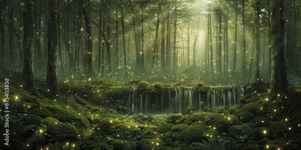 Obraz premium A lush green forest with a waterfall and a stream generated by AI