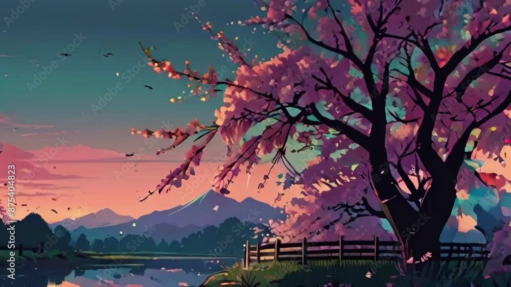 A peaceful garden with lofi girl blooming cherry blossoms gently falling, accompanied by soft breeze and lofi tunes, 4K Lofi Anime-style, Cyan purple colors manga style animation video A peaceful garden with lofi girl blooming cherry blossoms gently falling, accompanied by soft breeze and lofi tunes, 4K Lofi Anime-style, Cyan purple colors manga style animation video
