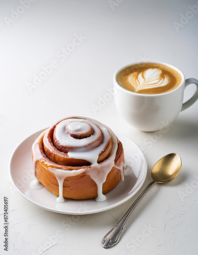 cup of coffee with a cinnamon bun