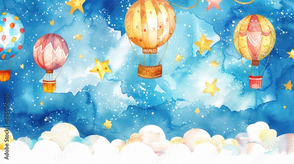 Hot air balloons floating among stars in a dreamy night sky scene. Hot air balloons floating among stars in a dreamy night sky scene.