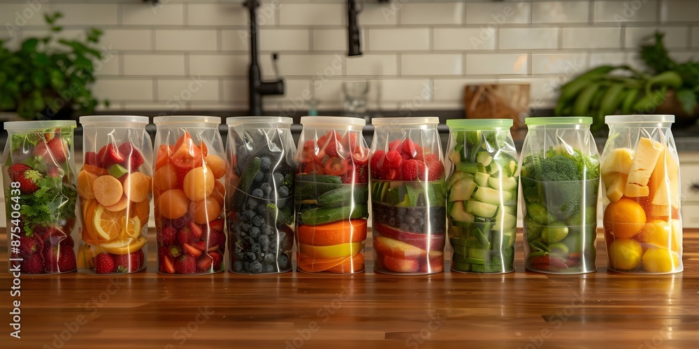Neatly arranged zip bags filled with precut fruits and vegetables on a wooden countertop. Concept Meal Prep, Healthy Eating, Fresh Ingredients, Kitchen Organization, Food Photography Neatly arranged zip bags filled with precut fruits and vegetables on a wooden countertop. Concept Meal Prep, Healthy Eating, Fresh Ingredients, Kitchen Organization, Food Photography