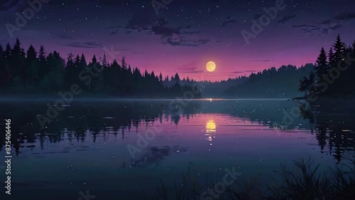 a foggy morning scene with low-lying clouds and mist drifting through a dense forest or over a meadow, 4K Lofi Anime, Cyan purple colors manga style animation video