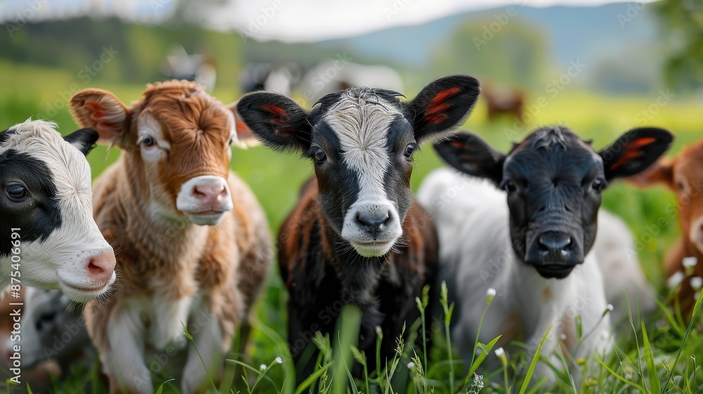 Group of adorable calves standing in a lush green pasture, enjoying a peaceful day in the countryside with beautiful scenic background. Group of adorable calves standing in a lush green pasture, enjoying a peaceful day in the countryside with beautiful scenic background.