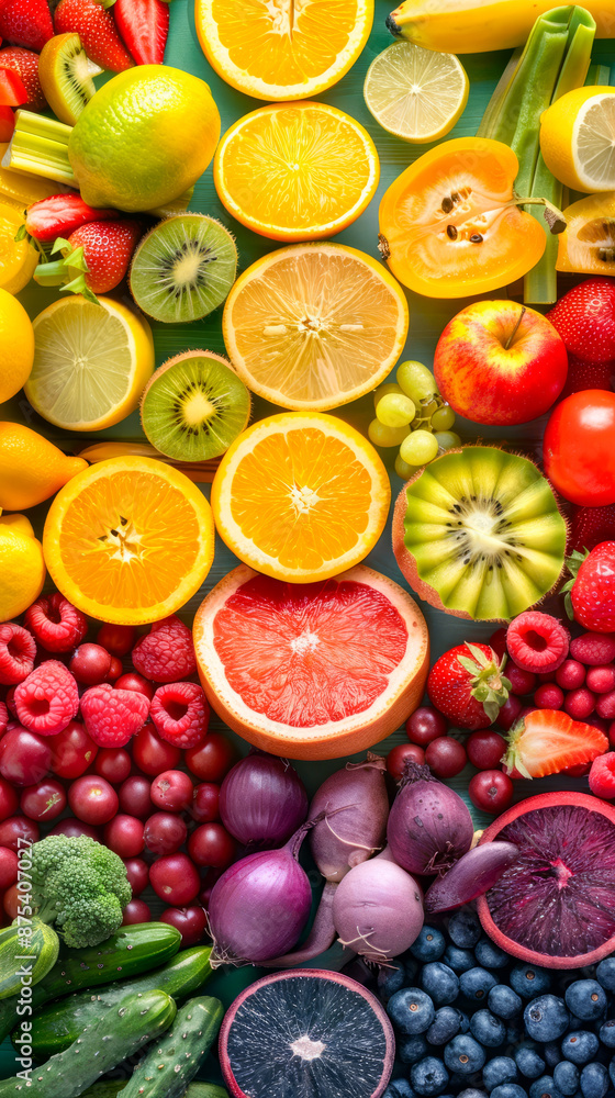 Colorful variety of fresh fruits and vegetables arranged beautifully Colorful variety of fresh fruits and vegetables arranged beautifully