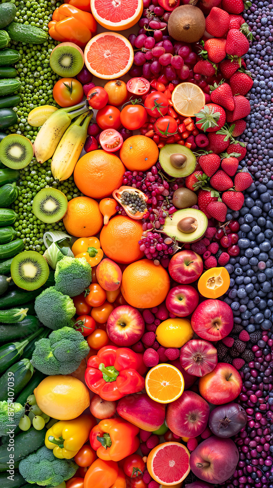Vibrant Array of Fresh Fruits and Vegetables in Rainbow Colors, Healthy Eating Concept, Nutrient-Rich Diet Vibrant Array of Fresh Fruits and Vegetables in Rainbow Colors, Healthy Eating Concept, Nutrient-Rich Diet