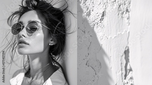 Black and white summer portrait of fashionable woman