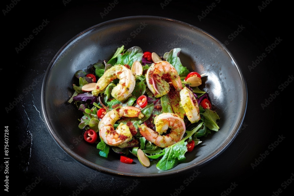 Achiote Marinated Shrimp Salad on a Bed of Frisee and Mache Achiote Marinated Shrimp Salad on a Bed of Frisee and Mache