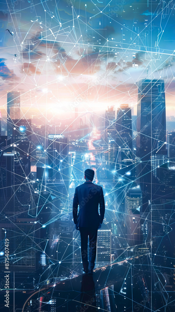 Visionary leader overlooking a futuristic smart city with digital network connections Visionary leader overlooking a futuristic smart city with digital network connections
