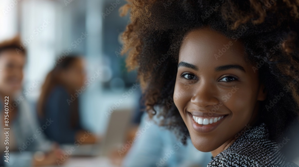 Obraz premium Leading, smiling, or confident black lady at startup agency office building portrait. African manager, face, or headshot in workplace with career mindset