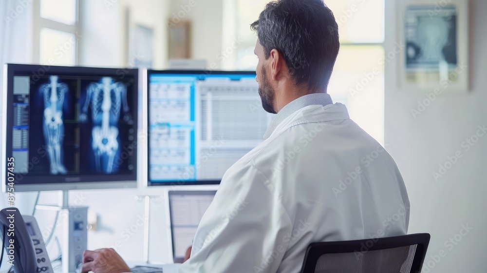 Physician accessing digital health records, technology in medical practice, back angle, healthcare innovations Physician accessing digital health records, technology in medical practice, back angle, healthcare innovations