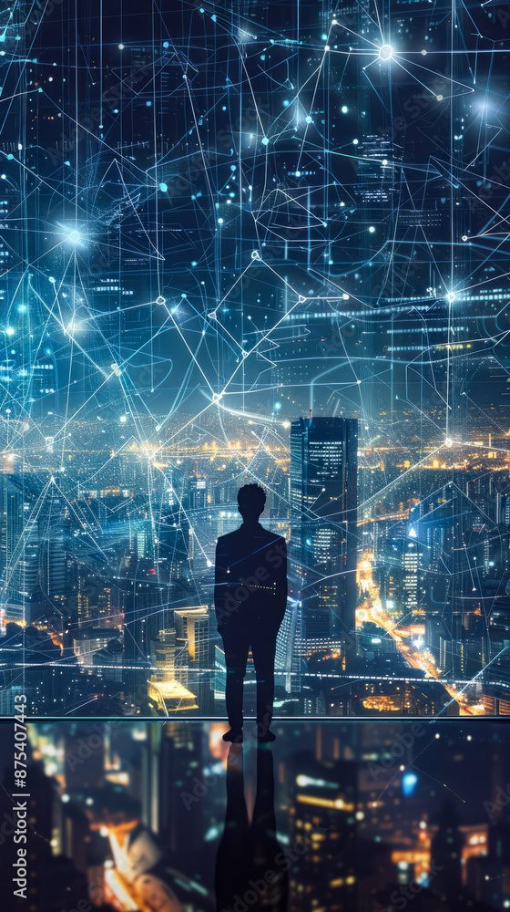 Silhouette of a Man Overlooking a Futuristic City with Network Connections at Night Silhouette of a Man Overlooking a Futuristic City with Network Connections at Night