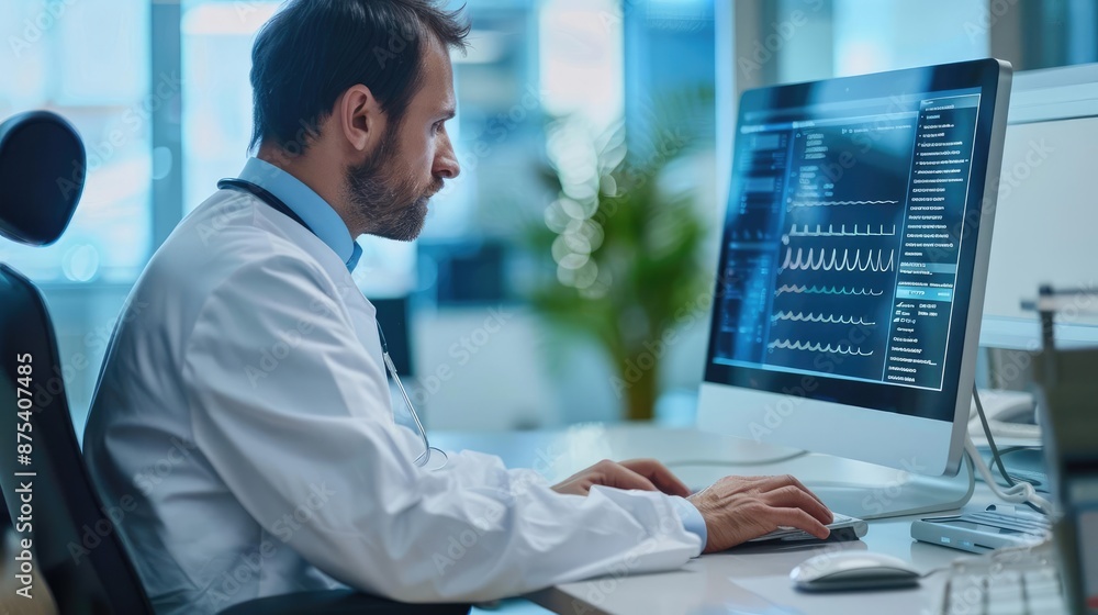 Physician typing on computer, healthcare digital transformation, medical tech, rear view Physician typing on computer, healthcare digital transformation, medical tech, rear view