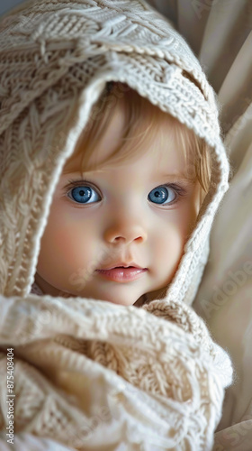 Adorable baby with blue eyes in cozy knit blanket, close-up portrait of cute infant wearing knitted hood