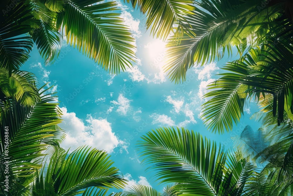 Nature with trees and palm leaves, green tropical plants, summer forest beauty, exotic garden palm trees, coconut sky, travel to banana jungle foliage Nature with trees and palm leaves, green tropical plants, summer forest beauty, exotic garden palm trees, coconut sky, travel to banana jungle foliage