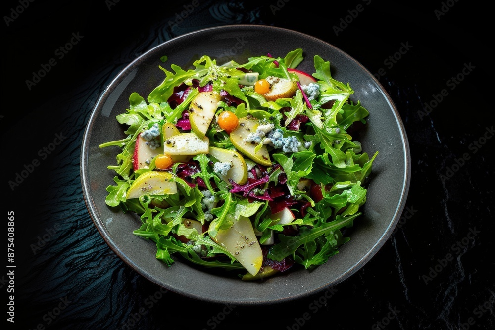 Beautifully Arranged Arugula Salad with Pear, Blue Cheese, and Apricot Vinaigrette Beautifully Arranged Arugula Salad with Pear, Blue Cheese, and Apricot Vinaigrette