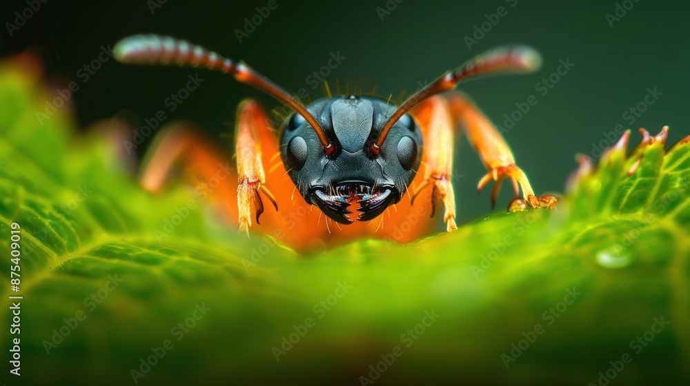 Fototapeta premium A close up of a large black and red ant with its mouth open. Generate AI image